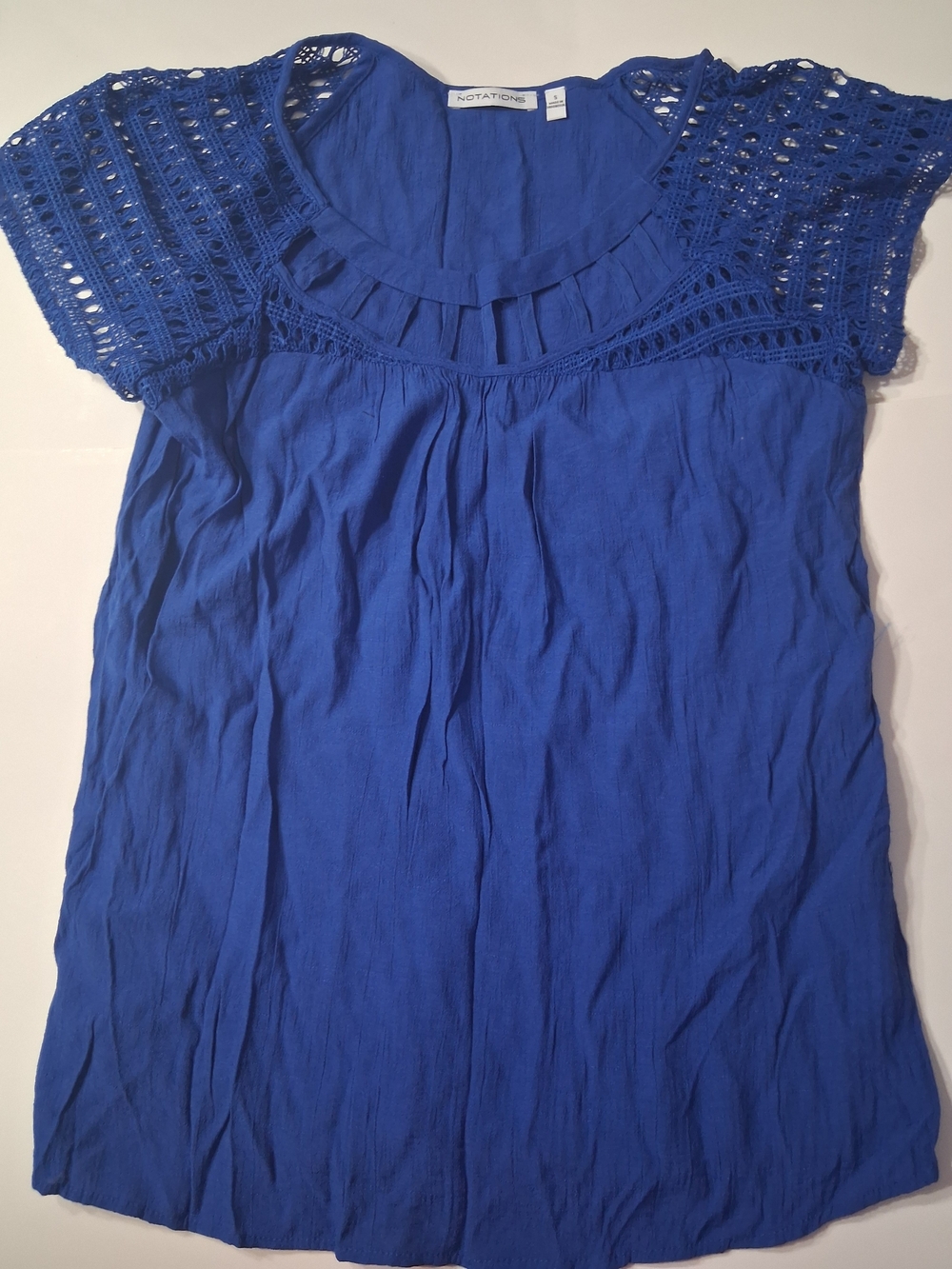 Notations Blue Crochet Lace Ruffle Neck Blouse Top Size Small